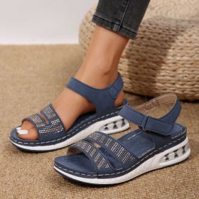 Summer Rhinestone Wedges Sandals Casual Sports Air Cushion Bottom Beach Shoes For Women Roman Sandals (Option: Blue-Size36)