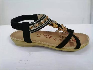 Large Size Flat Sandals Flower Rhinestone Sandals Beach Shoes (Option: Black-43)