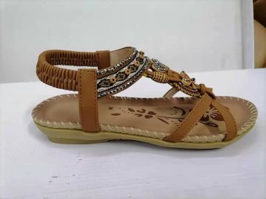 Large Size Flat Sandals Flower Rhinestone Sandals Beach Shoes (Option: Brown-36)