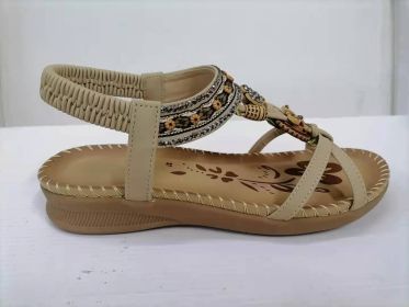 Large Size Flat Sandals Flower Rhinestone Sandals Beach Shoes (Option: Apricot-43)