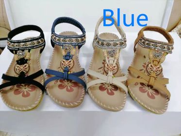 Large Size Flat Sandals Flower Rhinestone Sandals Beach Shoes (Option: Royal Blue-43)