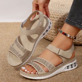 Summer Rhinestone Wedges Sandals Casual Sports Air Cushion Bottom Beach Shoes For Women Roman Sandals (Option: Beige-Size43)