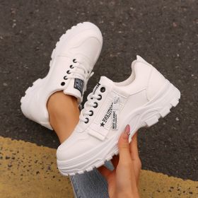 Lace-up Sports Shoes With Side-Zipper Design Fashion Thick-soled Round-toe Casual Shoes For Women Sneakers (Option: White-Size36)
