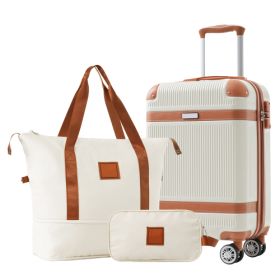 Hardshell Luggage Sets 3 Piece Carry-on Suitcase Double Spinner Wheels With TSA Lock (Color: White)