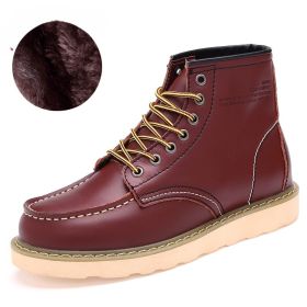 2024 new fashion men's Doc Martens single shoes cotton shoes warm (Color: Burgundy with velvet, size: 42)