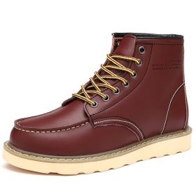 Autumn and winter men's cashmere plus large size two layer cowhide Martin boots fashion trend comfortable warm men's ankle boots (Color: Wine red with velvet, size: 44)